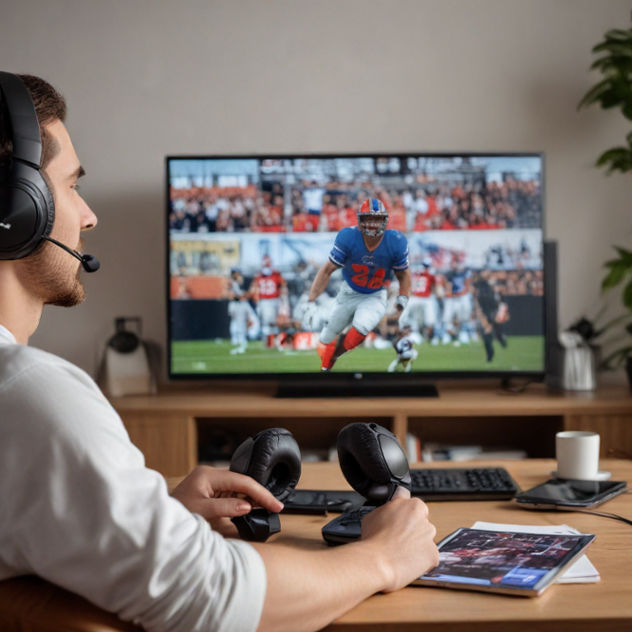 A person watching a sports broadcast at home, with headphones on, syncing music to the game.