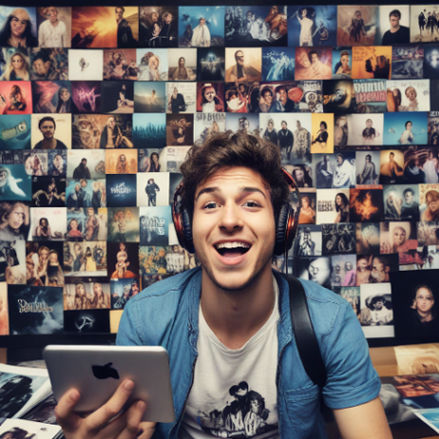 A musician excitedly monitors their social media growth, surrounded by vibrant album art and fans.