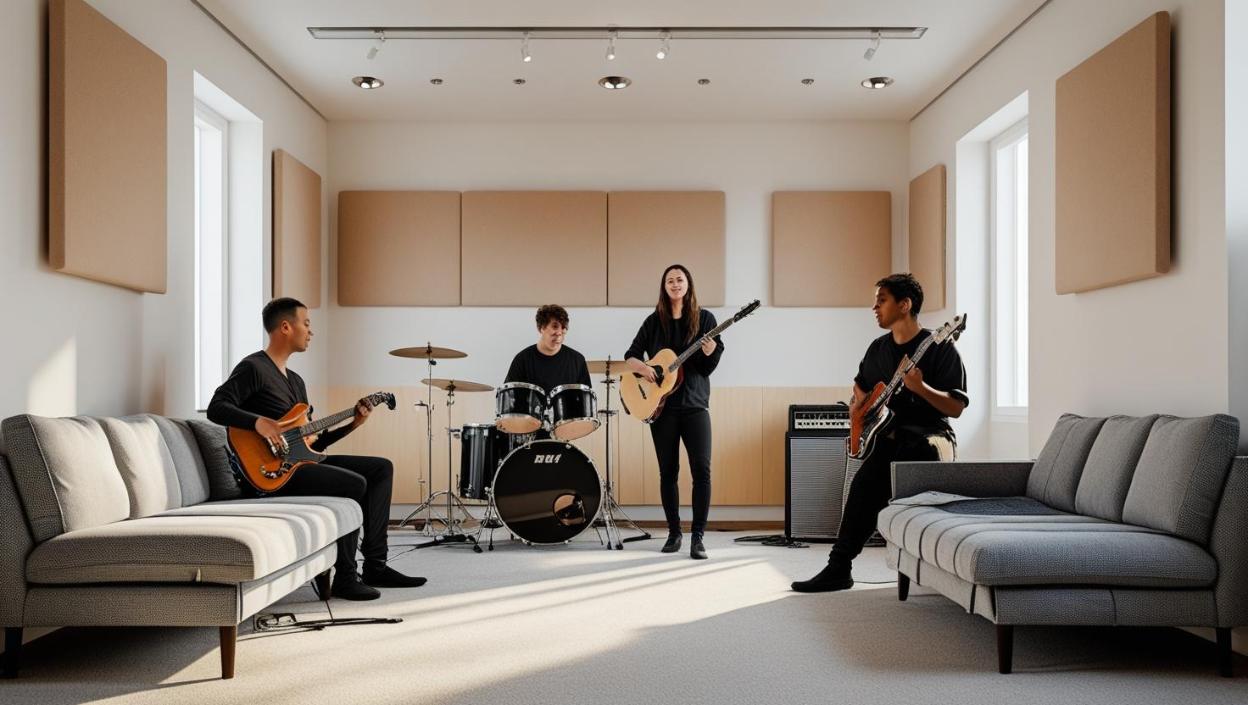 Musicians rehearse in tidy, well-lit studio with freshly cleaned fabric furniture.