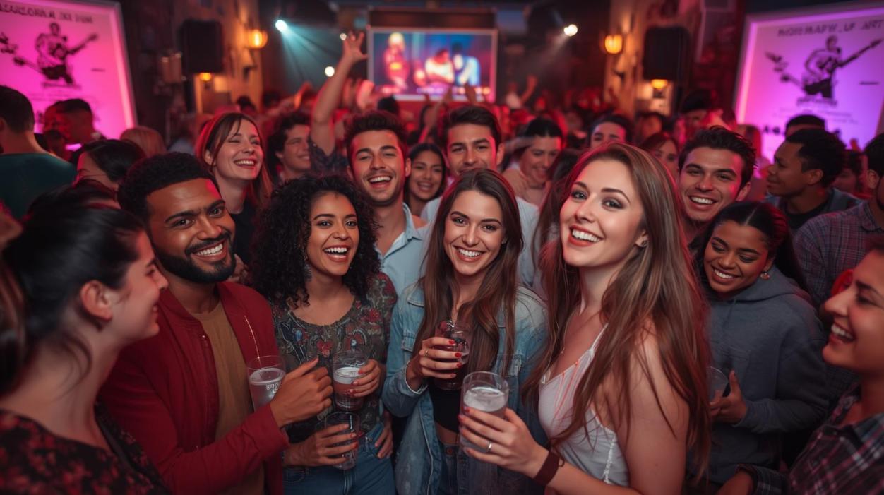 Group celebrating album launch with glowing illuminated posters prominently featured behind them.