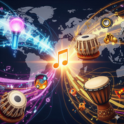 A central, glowing musical note is surrounded by a swirling network of lines and icons representing global music genres, including a k-pop lightstick, an Indian tabla, and a West African djembe, all set against a world map.