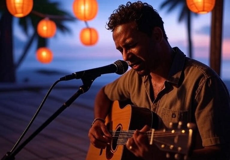 musician strumming guitar on a wooden stage