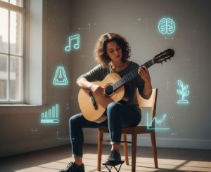 a woman sitting with her guitar, practising 