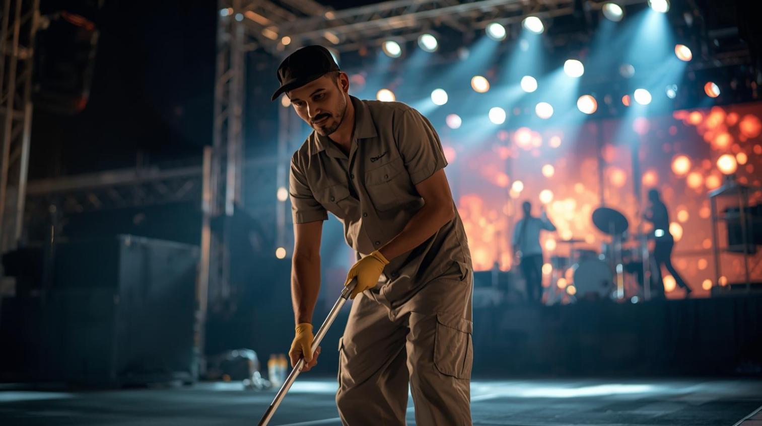 Professional cleaner maintaining spotless backstage at lively music festival with instruments nearby.