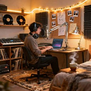 A cozy bedroom music studio with a laptop, microphone, headphones, and artist recording music icons