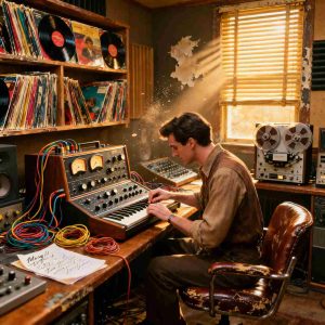 A vintage music studio with vinyl records, analog synthesizers, tape machines, and musician adjusting equipment