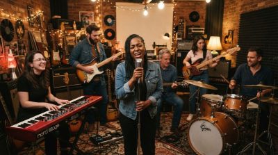 A diverse group of musicians performing together in a creative studio space, featuring guitars, keyboards, microphones, and other instruments.
