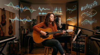 Musician playing an acoustic instrument in a studio surrounded by subtle scientific visualizations of sound waves and musical patterns